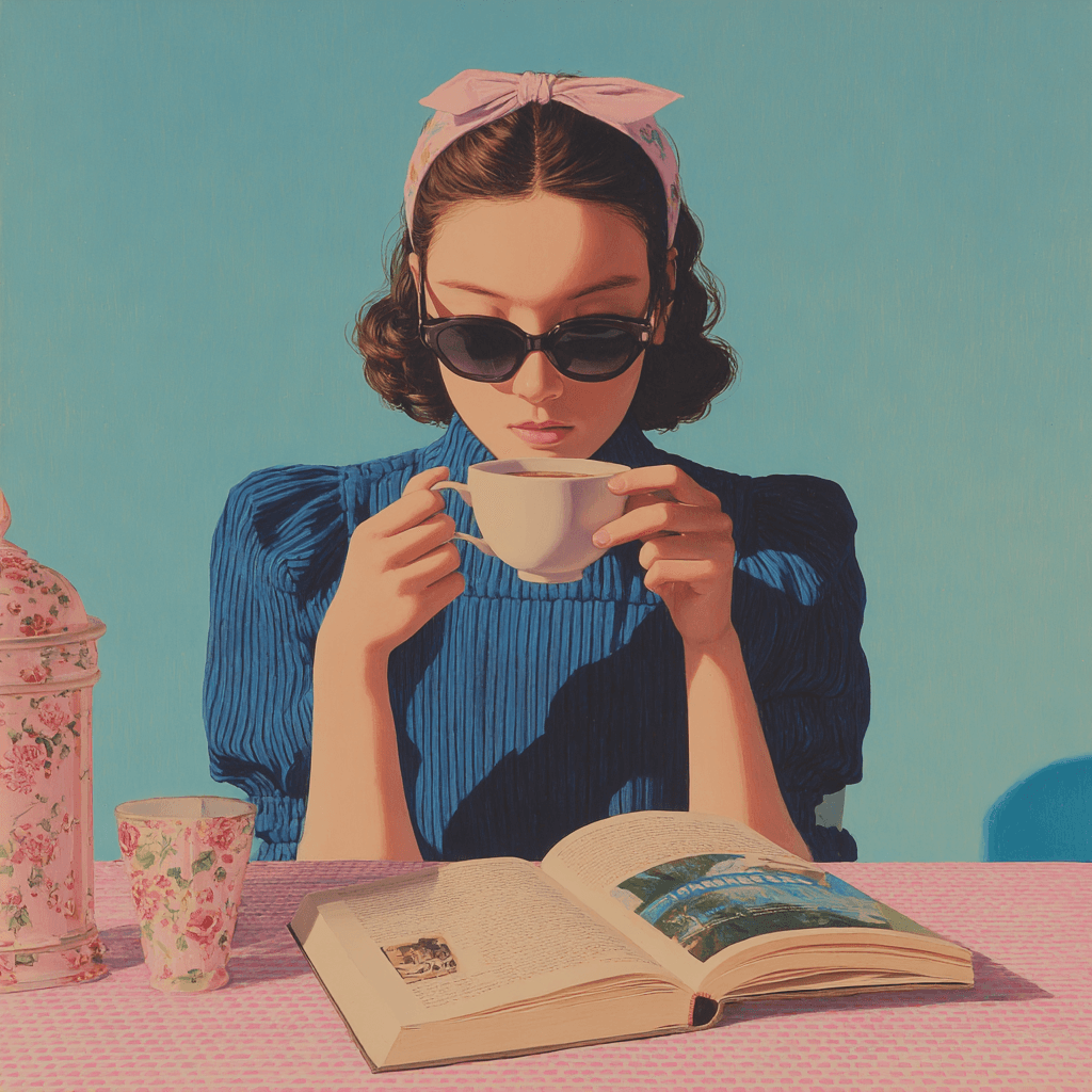 Woman sipping coffee while reading — illustration