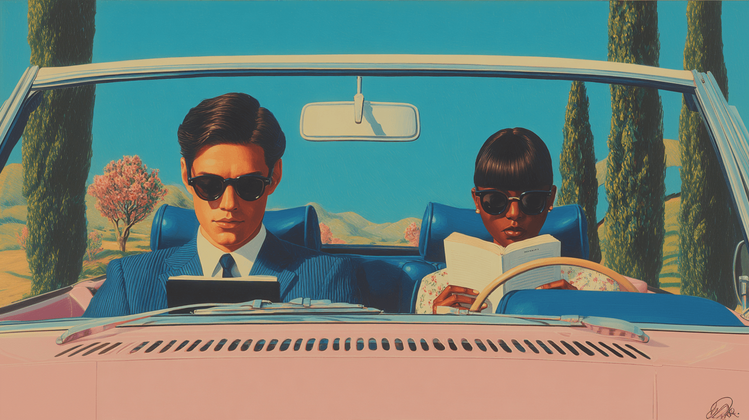 Two people reading in a vintage car — illustration